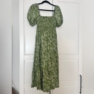 Abercrombie Smocked Bodice Linen-Blend Midi Dress - Green - Size M